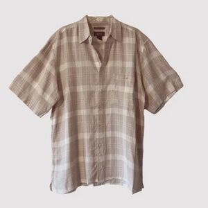 Bruno | Tan Plaid Washable Linen Short Sleeve Relaxed Button Down Shirt, Large